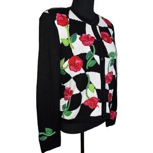 Embellished Red Roses Check Cardigan Sequin Size Small Black White Embroidery